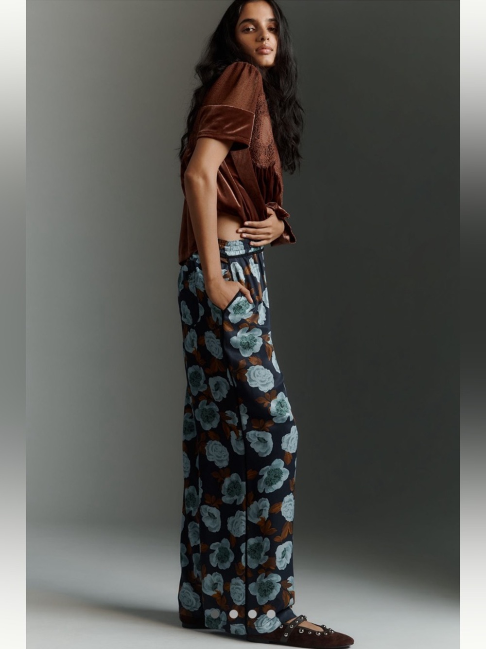 NWT The Brooklin Printed Wide-Leg Pull-On Pants by Maeve in Blue Floral, Size M
